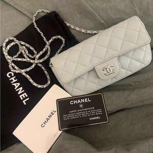 Chanel Mini Crossbody Bag / Sunglasses Holder w Chain Quilted Caviar in Ice Blue